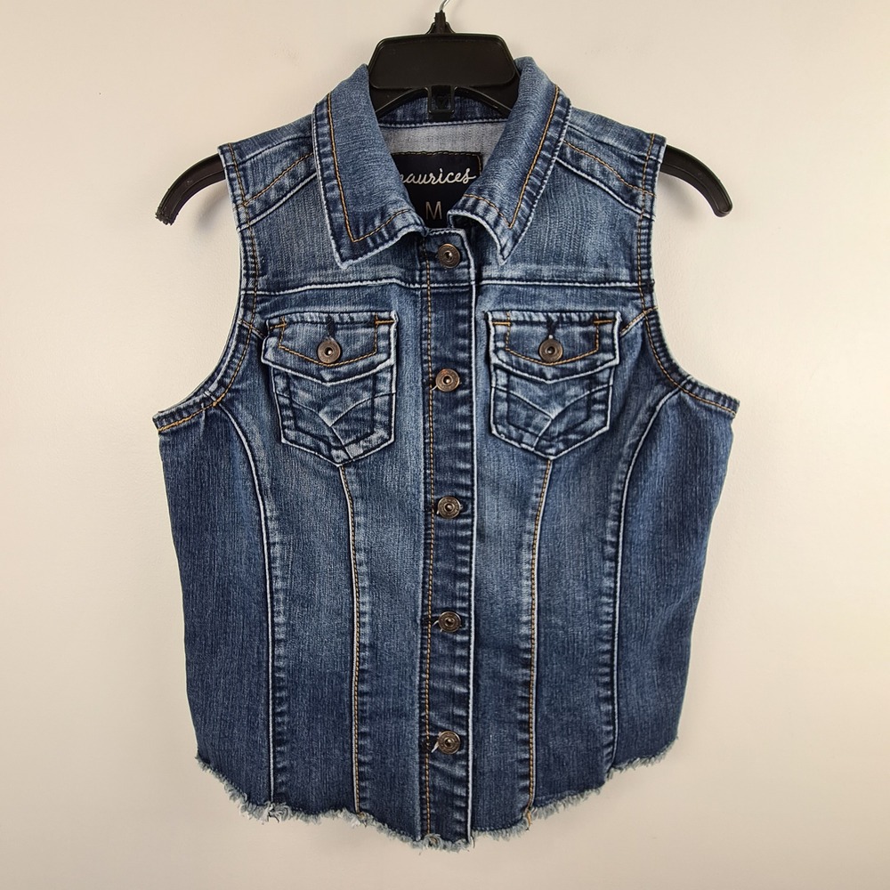 Maurices Womens Blue Denim Vest Medium Dark Wash Raw Hem Button Up Sleeveless